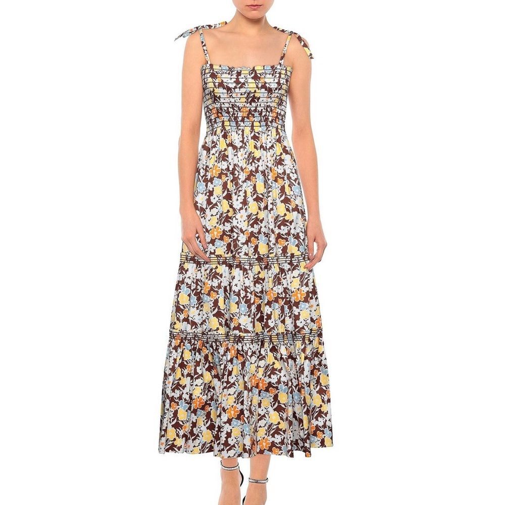 Tory Burch Reverie Smocked Shoulder Tie Brown Floral Print Summer Maxi Dress L